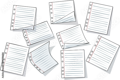 Scattered Lined Paper Sheets A Digital Illustration of Disorganized Notes