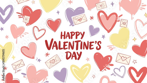 Valentine's day celebration with colorful hearts and letters on white background