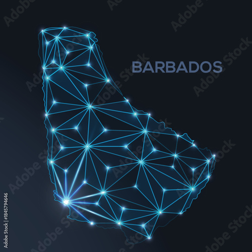 Low-poly vector map of Barbados featuring glowing city lights and population density illustrated through star-like dots and cosmic shapes.