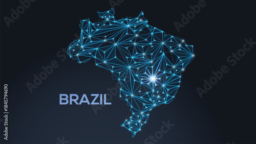 Low-poly vector map of Brasil featuring glowing city lights and population density illustrated through star-like dots and cosmic shapes.