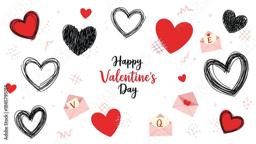 Hand drawn hearts and envelopes create festive valentine's day card background with cheerful greeting