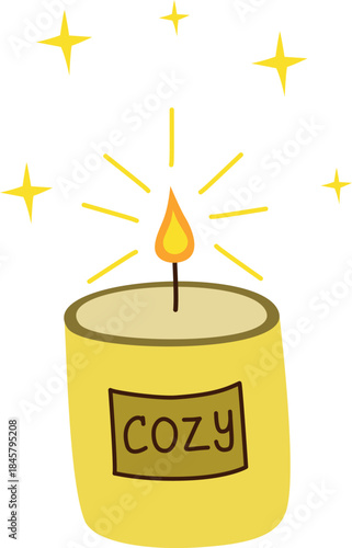 Hand-drawn yellow burning candle. Isolated vector design element.
