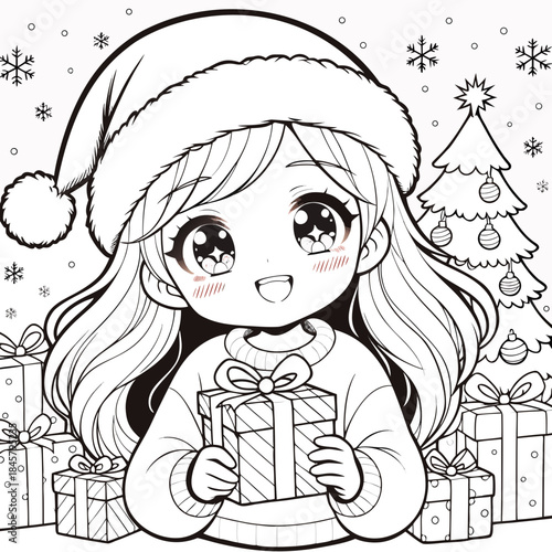 Adorable anime girl in a fuzzy santa hat holding a wrapped present beside a decorated christmas tree coloring page on transparent background