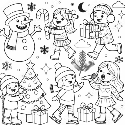 Adorable black and white coloring page set featuring children enjoying winter activities like decorating a tree and singing carols on transparent background