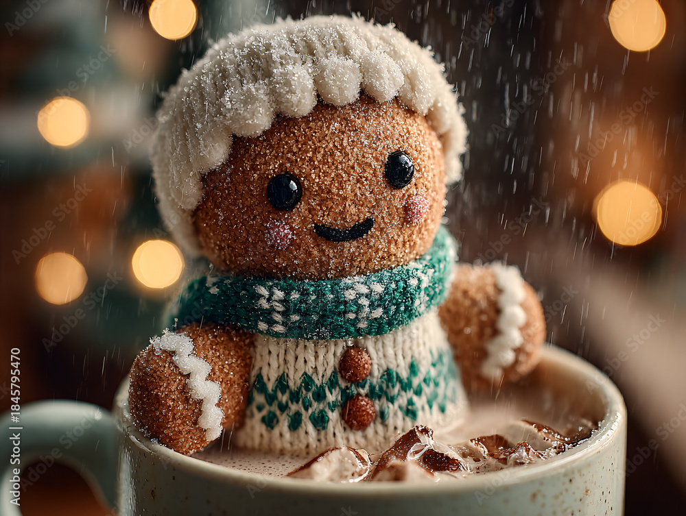 custom made wallpaper toronto digitala festive scene with a gingerbread man doll sitting in a knitted mug filled with hot cocoa and marshmallows. The background is softly blurred with warm lights, creating a cozy and celebratory atmosphe