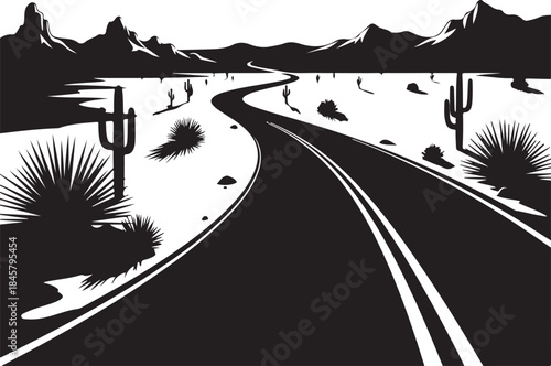 Desert Road with Cacti and Mountains Silhouette Illustration.