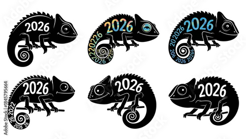 Set of six chameleon illustrations in black and white with number 2026 integrated into their design in various artistic styles, isolated on white background