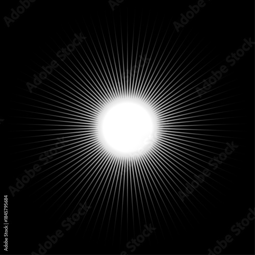 Bright white light starburst effect with radiating rays on a dark black background, creating an abstract and vibrant graphic element