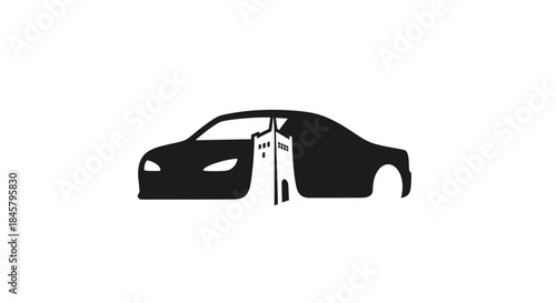Minimalist black and white silhouette of a car with a missing middle section.