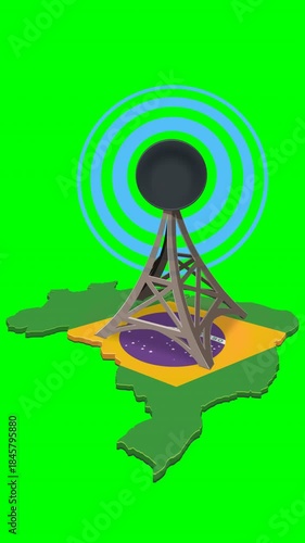 A radio/broadcast antenna (tower) centered on an outline map of Brazil, painted with the national flag. Blue signal circles emanate from the top. Green screen with alpha channel. Vertical format loop.