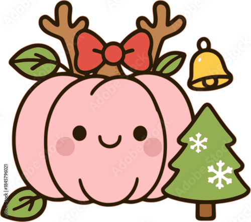cute pumpkin in marry christmas theme with bow bell and tree Kawaii style illustration 