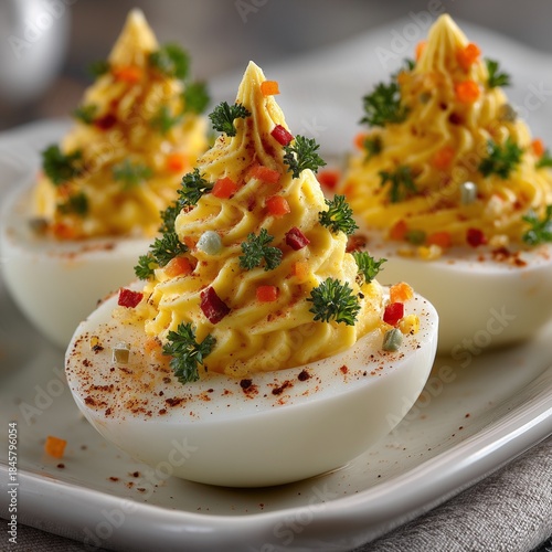 Festive deviled eggs shaped like Christmas trees.Perfect for holiday recipe publications, seasonal menus, culinary stock projects, editorial food content, and premium holiday-themed imagery.