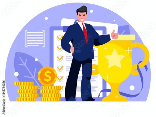 Best employee. Standing businessman with thumb up dressed in a business suit. Prize money concept. Success concept. Trophy. Vector graphics
