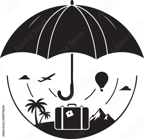 Travel concept with umbrella and suitcase on transparent background.