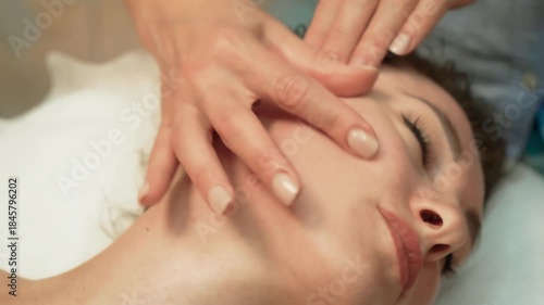 Relaxing woman lying on spa bed for facial and head massage. Face skincare treatment performing by massage therapist. Wellness body massage and face spa concept. Massaging procedure in spa