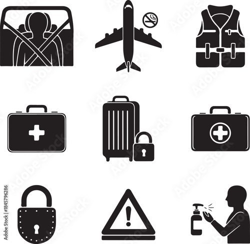 Travel Safety Icons Set for Airplane Security and Health.