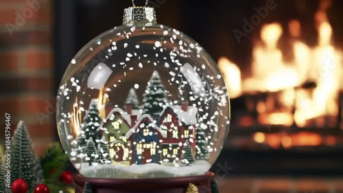 Snow globe with miniature houses amidst snowfall, fireplace