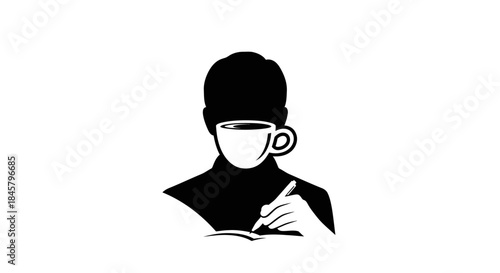 Minimalist Silhouette of Person Writing with Coffee Cup Face.