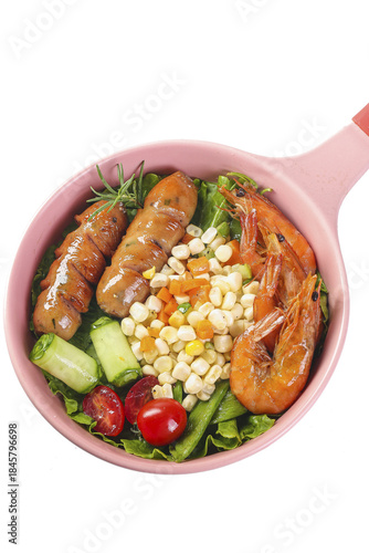 Grilled Sausage and Shrimp Healthy Meal Bowl with Vegetables