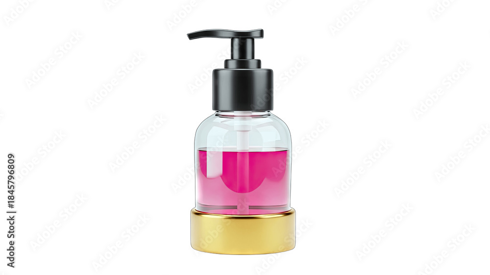 Fototapeta premium Cosmetic Pump Bottle with Pink Liquid on White Background