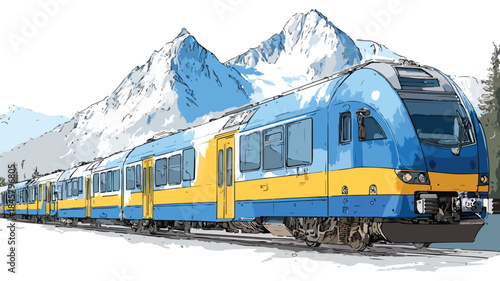 Scenic Blue and Yellow Train with Mountain Background Vector Illustration