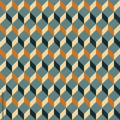Pattern created by cream, gold and dark green diamonds on a grey-green background