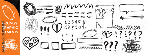 Vector set of grungy graphic elements. Street art texture hand drawn pencil underlines and strikethrough, scribble emphasis lines, crazy hatches, ovals and crosses. Each element is united and big set 