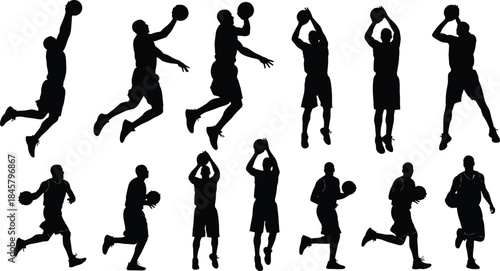 Black silhouette basketball player pose set with dynamic action gestures for sports, motion, and design themes.