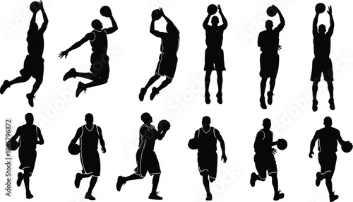 Black silhouette basketball player action pose set with dynamic gestures for sports, motion, and educational design themes.
