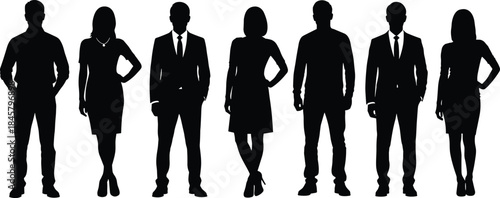 Black silhouette business people standing in formal attire for professional, corporate, and presentation design themes.