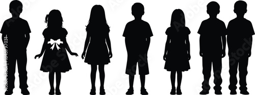 Black silhouette children standing pose set with diverse outfits and gestures for lifestyle, education, and design themes.