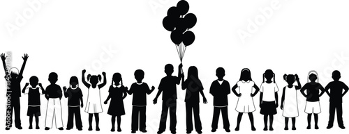 Black silhouette children standing in festive line with balloons and diverse outfits for celebration, lifestyle, and design themes.