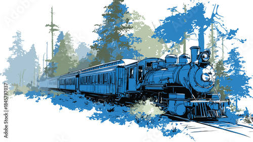 Blue Train Journey Through Forest Vector Illustration with Outline