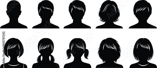 Black silhouette head icon set with diverse hairstyles and profiles for avatar, character, and graphic design themes.