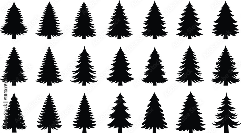 Obraz premium Black silhouette pine tree icon set with diverse shapes and branch styles for nature, environment, and design themes.