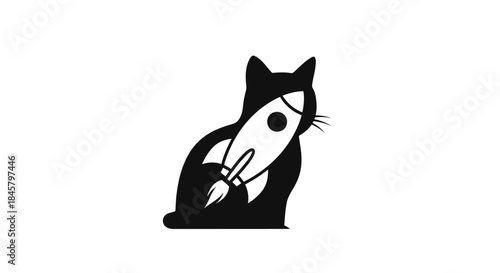 Black cat with a rocket on its back simple and elegant design.