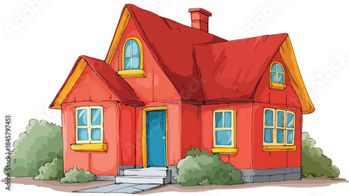 Vibrant Cartoon Red House with Yellow Roof Illustration