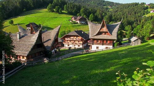 Wooden houses nestled on a hillside in a picturesque village