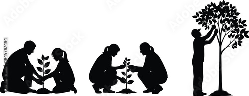 Black silhouette tree growth and care scene with people planting, tending, and pruning for eco action, education, and design themes.