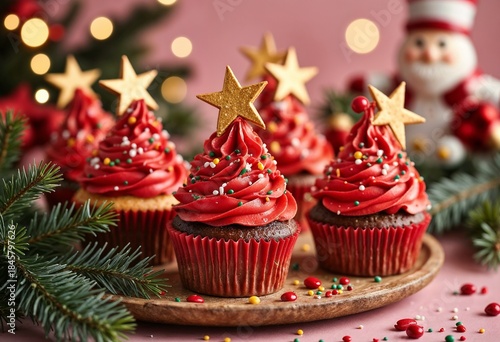 Red Frosted Christmas Cupcakes, Golden Star Decorations, Festive Holiday Sweet Treats for Winter Celebration Baking, Seasonal Marketing, and Food Blogs