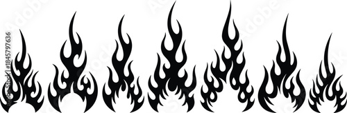 Black stylized flame silhouette set with tribal curves and pointed shapes for tattoo, decal, and graphic design themes.
