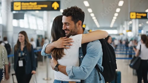 Happy couple hugging at airport, joyful reunion before or after travel journey.