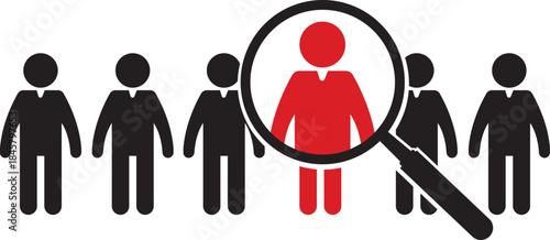 HR Recruitment Concept Vector, Talent Selection with Red Silhouette and Magnifying Glass for Job Portals and Corporate Presentations