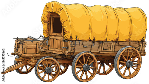 Cartoon Wooden Wagon with Yellow Cover Vector Illustration