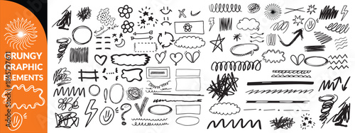 Vector set of grungy graphic elements. Street art texture hand drawn pencil underlines and strikethrough, scribble emphasis lines, crazy hatches, ovals and crosses. Each element is united and big set 