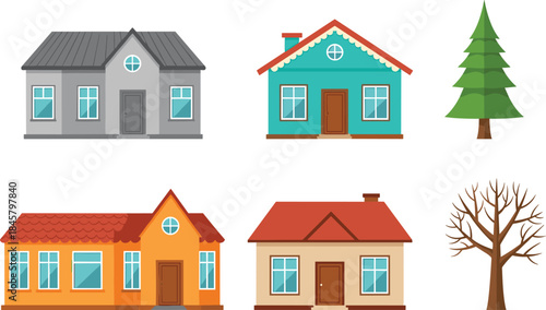 Cartoon house and tree vector set with colorful architecture and seasonal foliage for neighborhood, lifestyle, and design themes.