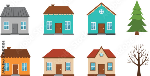 Cartoon house and tree vector set with colorful facades and seasonal foliage for architecture, lifestyle, and design themes.