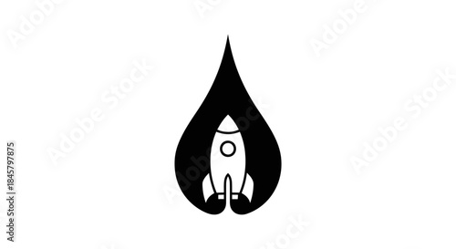 Rocket ship soaring within a stylized black teardrop shape design.