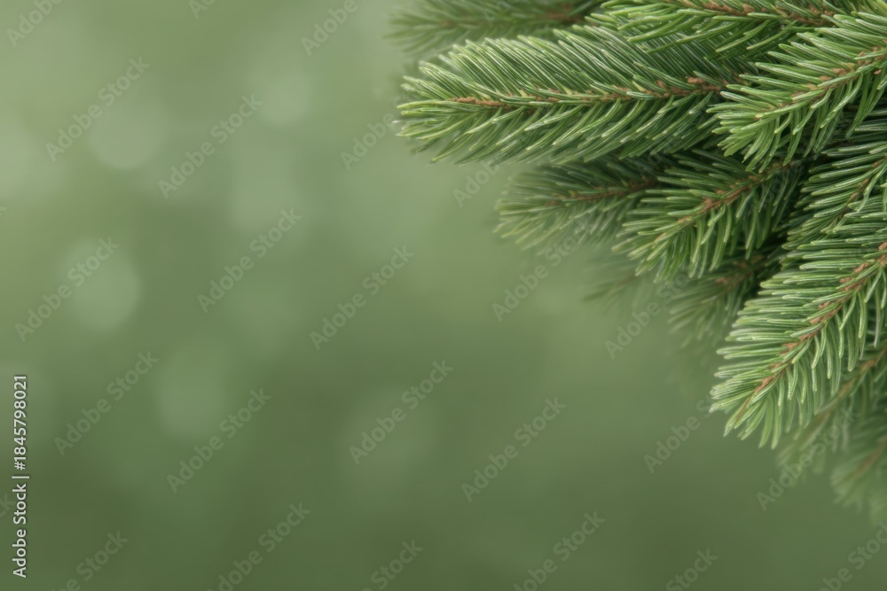 Obraz premium Fresh evergreen branch corner on soft green bokeh, ideal for editable nature backgrounds, eco branding, and customizable minimal compositions.