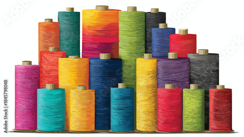 Vibrant Stack of Spools with Various Colors and Shapes